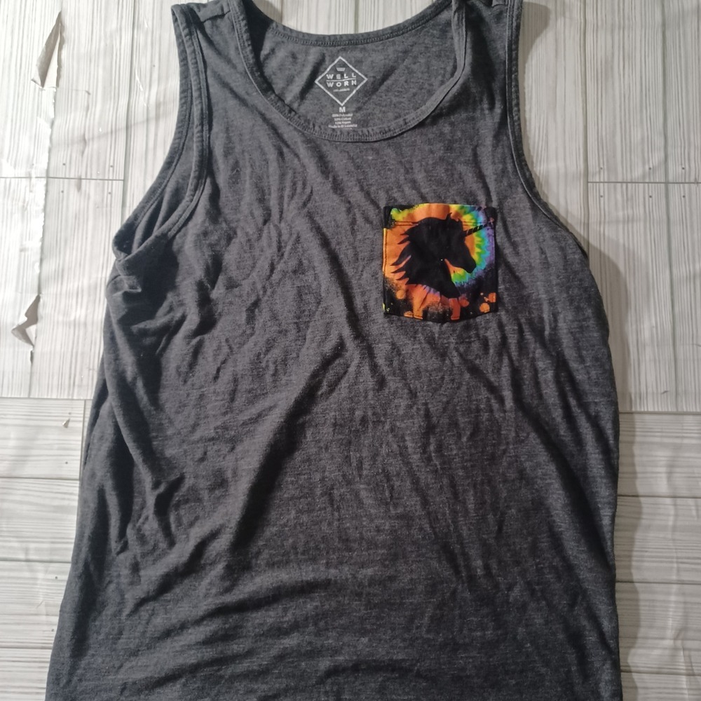 Well Worn Mens Tank Top Medium Gray Tie Dye Unicorn Pocket Tri-Blend 13111
